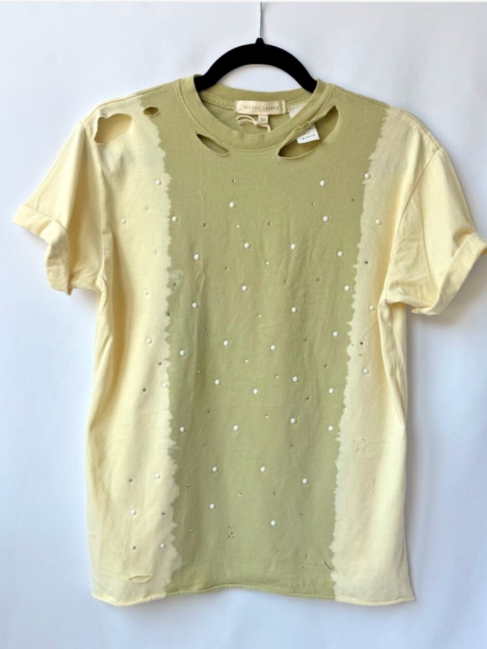 Gilded Intent Distressed Pearl Studded Tee Green Yellow XS NWT